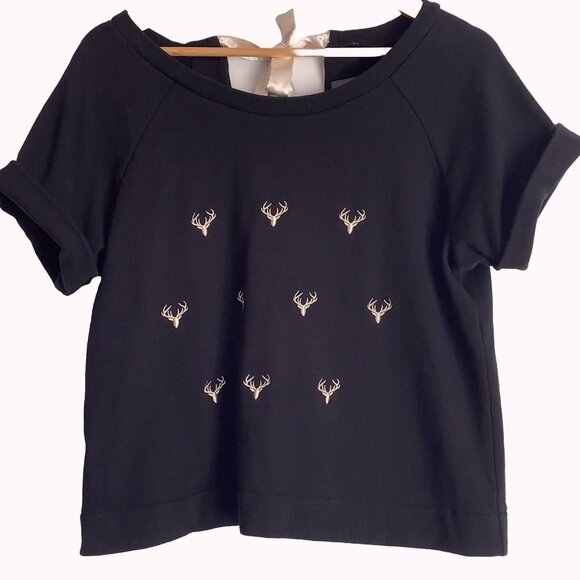 Knitted Dove Women’s Embroidered Deer Antler Top Sz Large Black Rustic Cabin - Picture 3 of 9